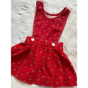 VTG Corduroy Red Pinafore Heart Wreath Jumper Dress Size 18-24 Months XMAS